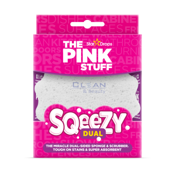 The Pink Stuff Squeezy – адаптивна гъба, която омеква в топла вода и се втвърдява в студена, в розова опаковка