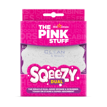 The Pink Stuff Squeezy – адаптивна гъба, която омеква в топла вода и се втвърдява в студена, в розова опаковка