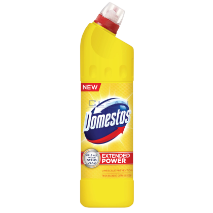 Domestos 750 мл Жълт Цитрус – гъст белина препарат в жълта бутилка с червен капак, изглед отпред