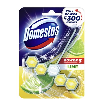 Domestos WC блокче Пауър 5 Лайм 50 г – опаковка със зелено-жълти капсули и резен лайм, изглед отпред