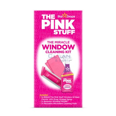 The Pink Stuff Window Cleaning Kit. комплект за почистване на прозорци с микрофибърни подложки и спрей с розов оцет. 850 мл