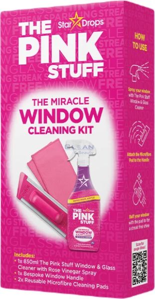 The Pink Stuff Window Cleaning Kit. комплект за почистване на прозорци с микрофибърни подложки и спрей с розов оцет. 850 мл