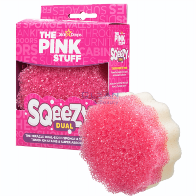 The Pink Stuff Squeezy Dual – двустранна гъба с абразивен скрабър и абсорбираща страна в розова кутия