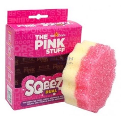 The Pink Stuff Squeezy Dual – двустранна гъба с абразивен скрабър и абсорбираща страна в розова кутия