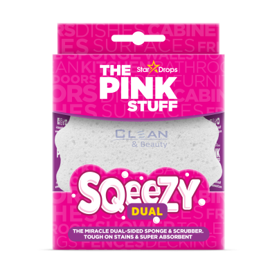 The Pink Stuff Squeezy – адаптивна гъба, която омеква в топла вода и се втвърдява в студена, в розова опаковка