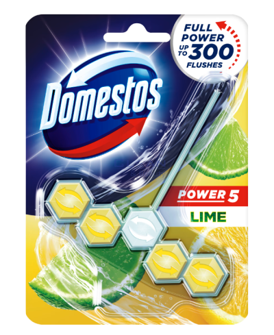 Domestos WC блокче Пауър 5 Лайм 50 г – опаковка със зелено-жълти капсули и резен лайм, изглед отпред