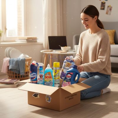 Комплект „Студентски живот“ – гел за пране DUAL POWER, омекотител Coccolino, Domestos дезинфектант, Chante Clair за баня, Sole веро и Xanto пяна за кухня