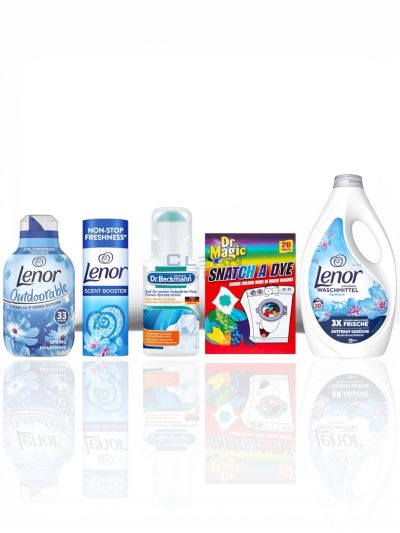Комплект „Свежо пране всеки ден“ с Lenor гел за пране, омекотител Outdoor Spring Awakening, ароматизиращи перли, Dr Magic кърпички и Dr Beckmann рол он против петна